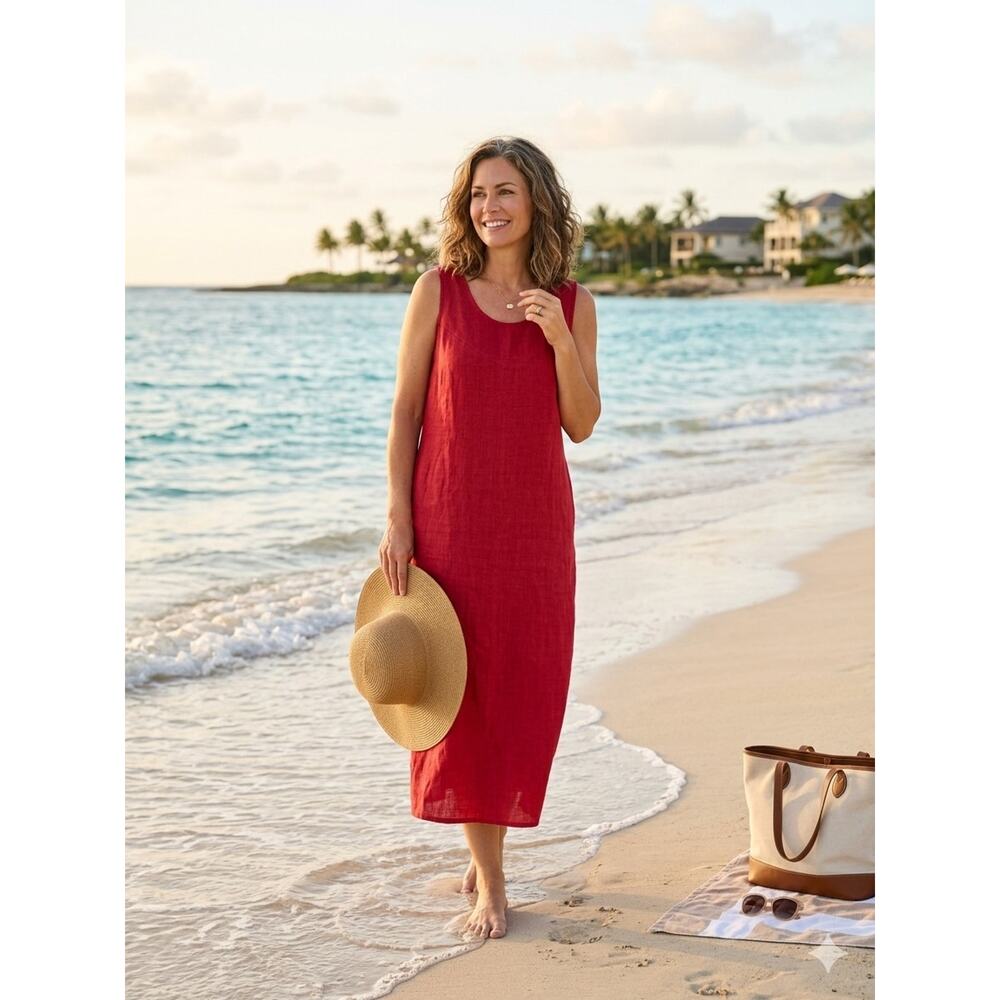 Harve Benard midi‎ dress 100% linen Size 8 relaxed fit gauze lightweight Pockets